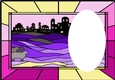 Stained glass window Christmas scene (pinks and lilacs) with oval aperture