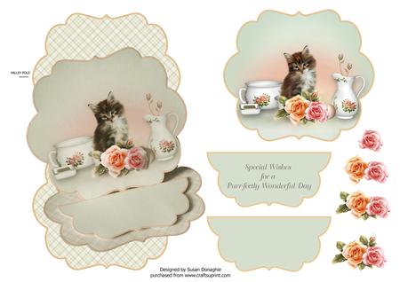 Teatime Kitten & Roses Easel Card