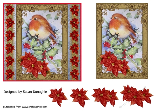 Vintage Robin with Holly & Poinsettias