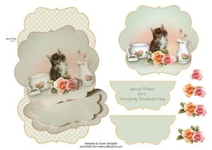 Teatime Kitten & Roses Easel Card