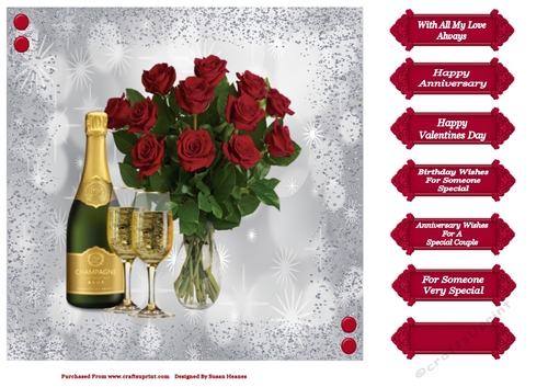 8x8 Red Roses And Champagne Topper & Greeting Tags