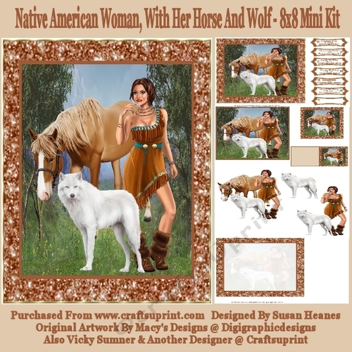 Native American Woman, With Her Horse And Wolf - 8x8 Mini Kit
