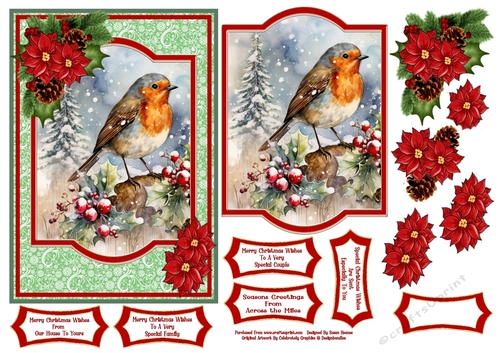 Christmas Robin On Holly - 5x7