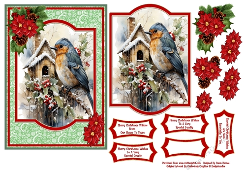 Christmas Robin, With Birdhouse - 5x7