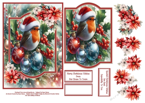 Little Robin Perched On Christmas Baubles - 5x7
