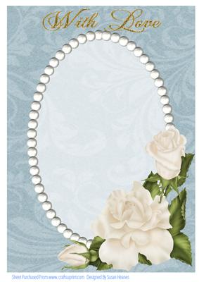 A4 Blue Swirls, Pearls and Ivory Roses Card Front