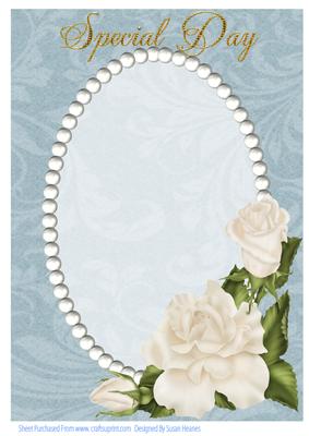 A4 Blue Swirls, Pearls and Ivory Roses Card Front 2