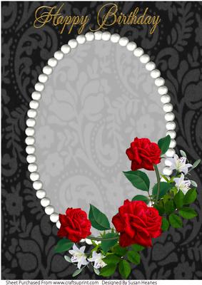 Black Vintage, Pearls and Red Roses Card Front 2