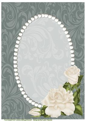 Dark Green Swirls, Pearls and Ivory Roses Card Front