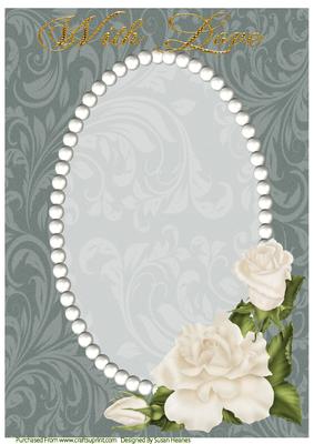Dark Green Swirls, Pearls and Ivory Roses Card Front 2