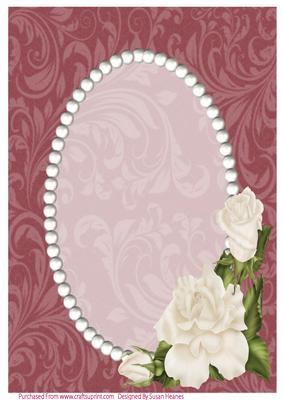 Dark Red Swirls, Pearls and Ivory Roses Card Front