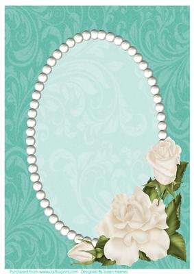 Green Swirls, Pearls and Ivory Roses Card Front