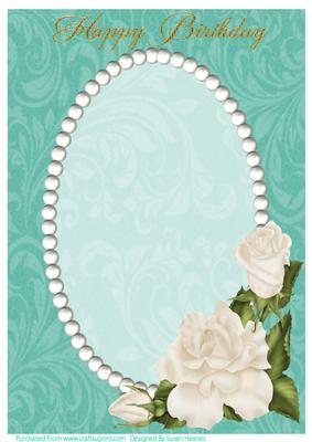 Green Swirls, Pearls and Ivory Roses Card Front 3