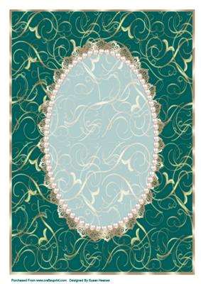 Green and Gold Swirls, Gold Lace and Pearl Card Front