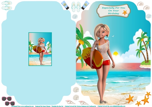 Especially For You On Your Birthday Surfer Girl - Cut And Fold Card