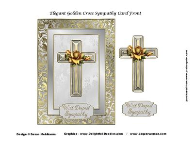 Elegant Golden Cross Sympathy Card Front with Decoupage