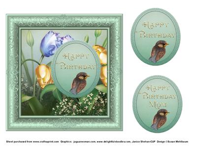 Tulips and Sparrow Birthday Card Front
