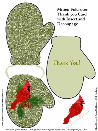 Mitten Shaped Fold-over Thank You Card with Insert and Decoupage