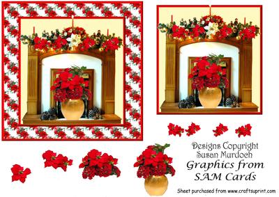 Christmas Poinsettias Fireplace Card