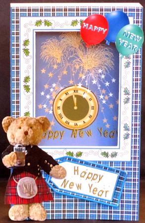 New Year Tartan Kilted Ted Box Card (folds Flat) & Envelope