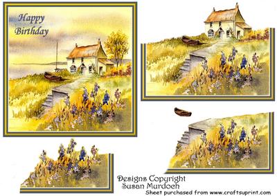 Coastal Cottage Scene with Fishing Boat - Birthday Version