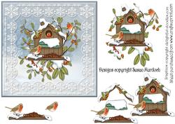 Robins on Snowflake Lace Background