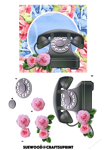 Telephone and Flowers large Card Front or Topper with decoupage