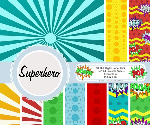 Superhero Digital Papers, Pack of Ten A4 Sheets