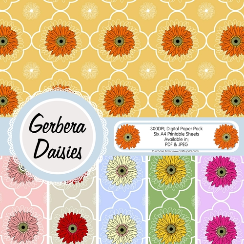 Gerbera Daisy Digital Paper Pack, Pack of 6 Papers