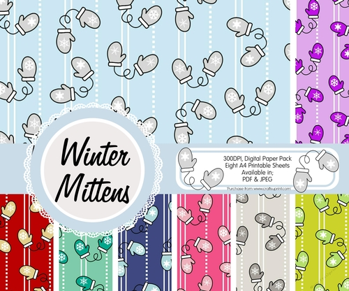Winter Mittens, Gloves, Digital Paper, Pack of Eight Sheets