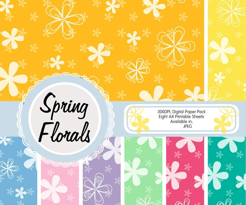Spring Florals Digital Paper, Pack of Eight Sheets