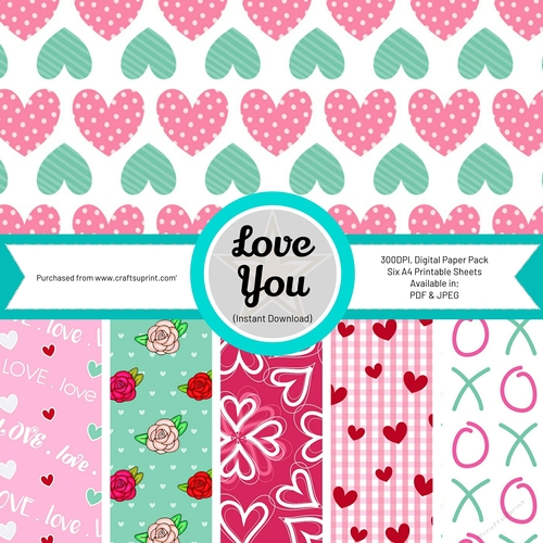 I Love You, Digital Paper Pack, Six A4 Sheets