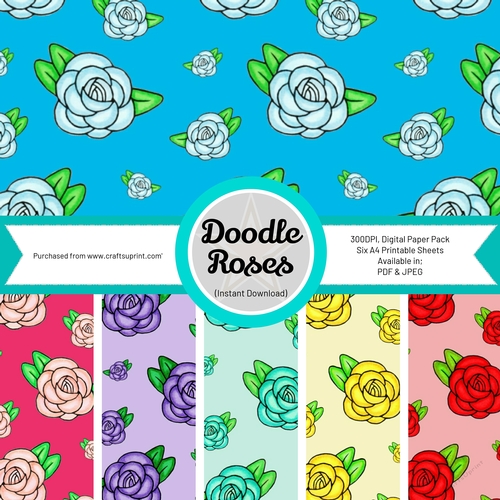Doodle Roses, Digital Paper Pack, Six A4 Sheets
