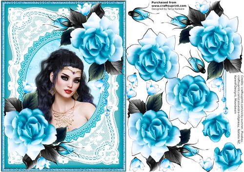 The Dark Haired Lady And Teal Roses Portrait