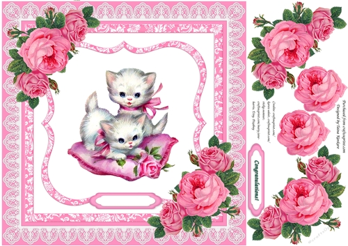 Vintage Kitties with Pink Vintage Roses and Pillow