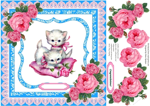 Vintage Kitties with Pink Vintage Roses and Pillow in Blue Frame