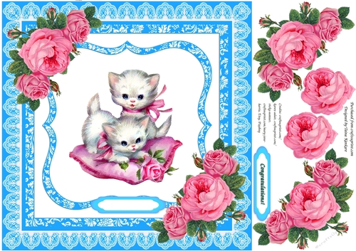 Vintage Kitties with Pink Vintage Roses and Pillow in Blue Frame2