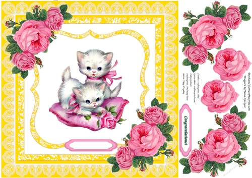 Vintage Kitties with Pink Vintage roses and Pillow in Yellow Frame