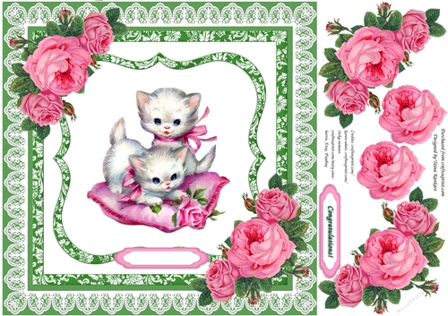 Vintage Kitties with Pink Vintage roses and Pillow in Green Frame
