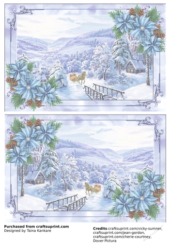 Blue Poinsettia Magical Vintage Winter Scenery inserts blank