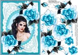 The Dark Haired Lady And Teal Roses Portrait