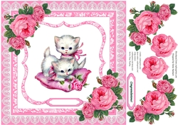Vintage Kitties with Pink Vintage Roses and Pillow