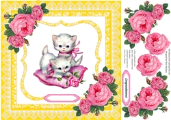 Vintage Kitties with Pink Vintage roses and Pillow in Yellow Frame