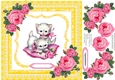 Vintage Kitties with Pink Vintage roses and Pillow in Yellow Frame