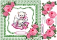 Vintage Kitties with Pink Vintage roses and Pillow in Green Frame