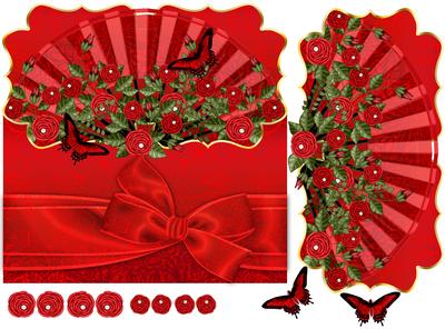 Rose and Fan Greeting Card in Red