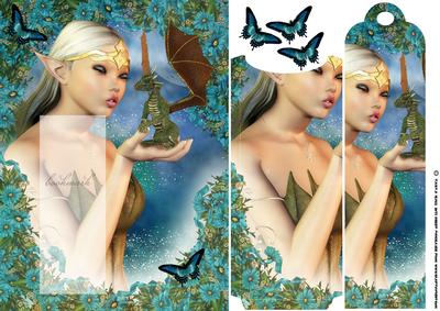 Bookmark Birthday Card with Fantasy Elf and Dragon
