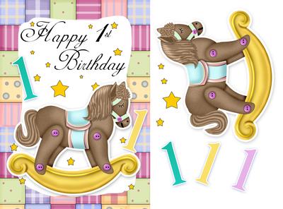 1st Birthday Card Front with Rocking Horse
