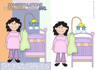 Baby Girl Congratulations Card Front with Cot