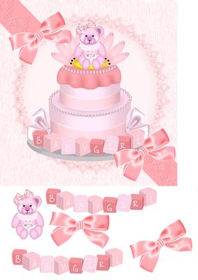 Baby Girl Card with Little Teddy on a Cake